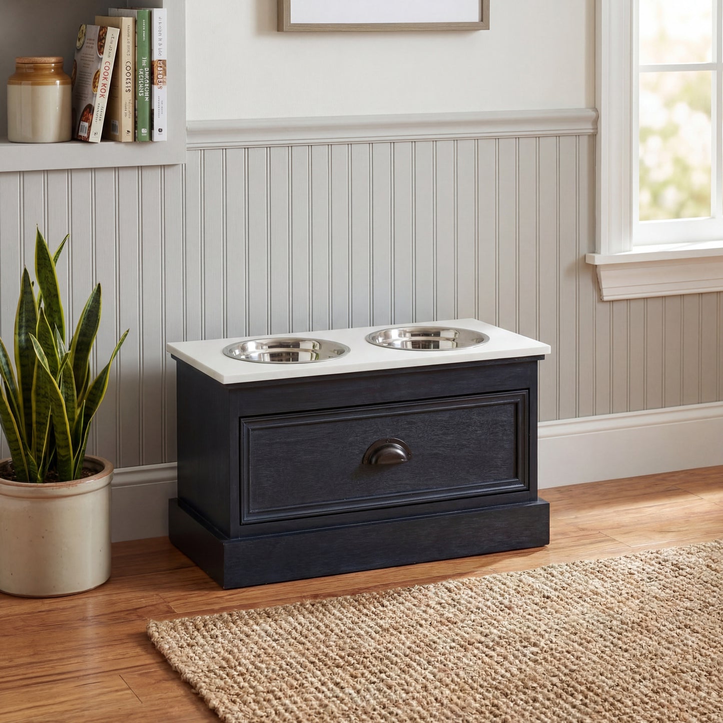 Luxury Contour Black Wood Pet Feeder Table