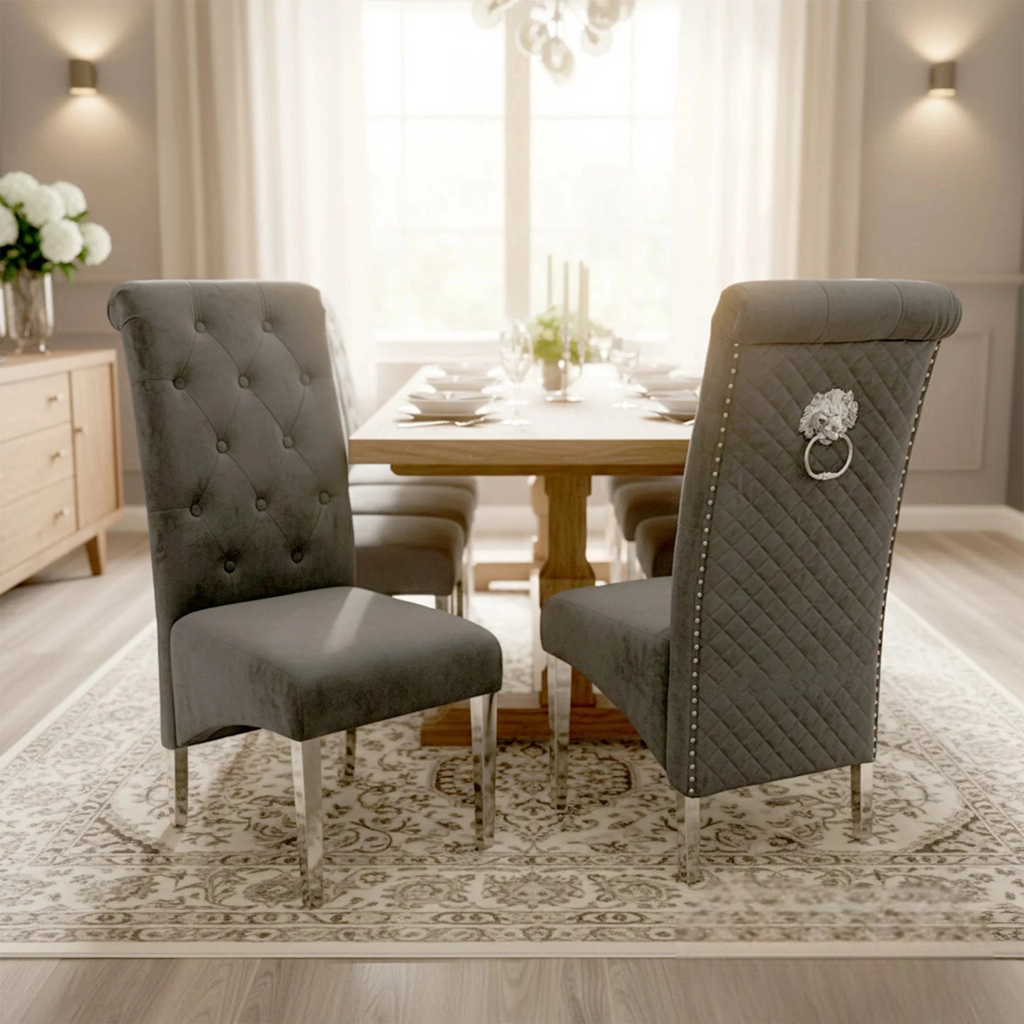 Luxury Einar Dark Grey Velvet Dining Chair With Scroll Top Quilted Back And Chrome Lion Knocker