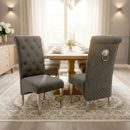 Luxury Einar Dark Grey Velvet Dining Chair With Scroll Top Quilted Back And Chrome Lion Knocker