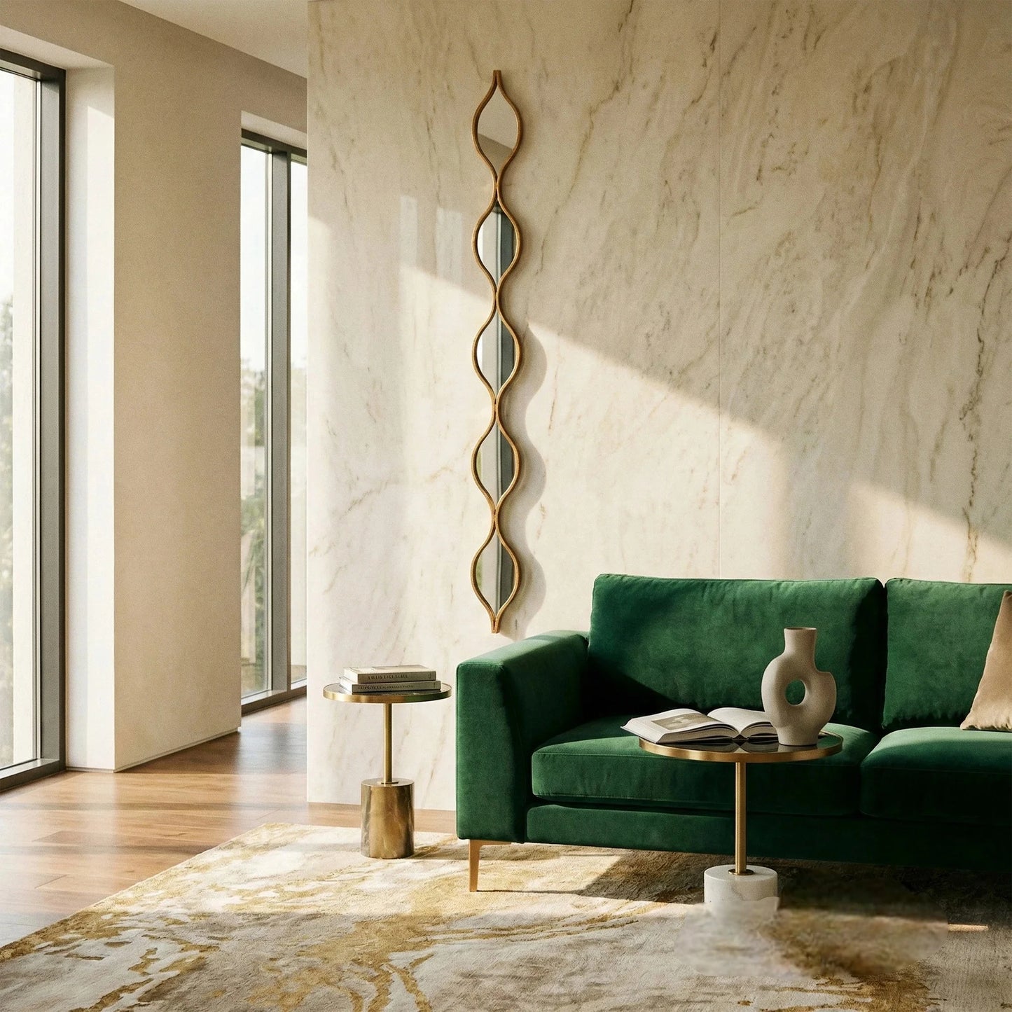 Luxury Elden 146cm Sculptural Wavy Slim Wall Mirror In Aged Gold