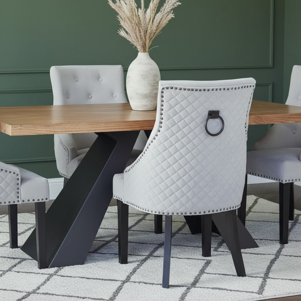 Luxury Gunnar Velvet Dining Chair With Studded Quilted Back And Wood Legs