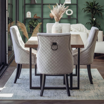 Luxury Gunnar Velvet Dining Chair With Studded Quilted Back And Wood Legs