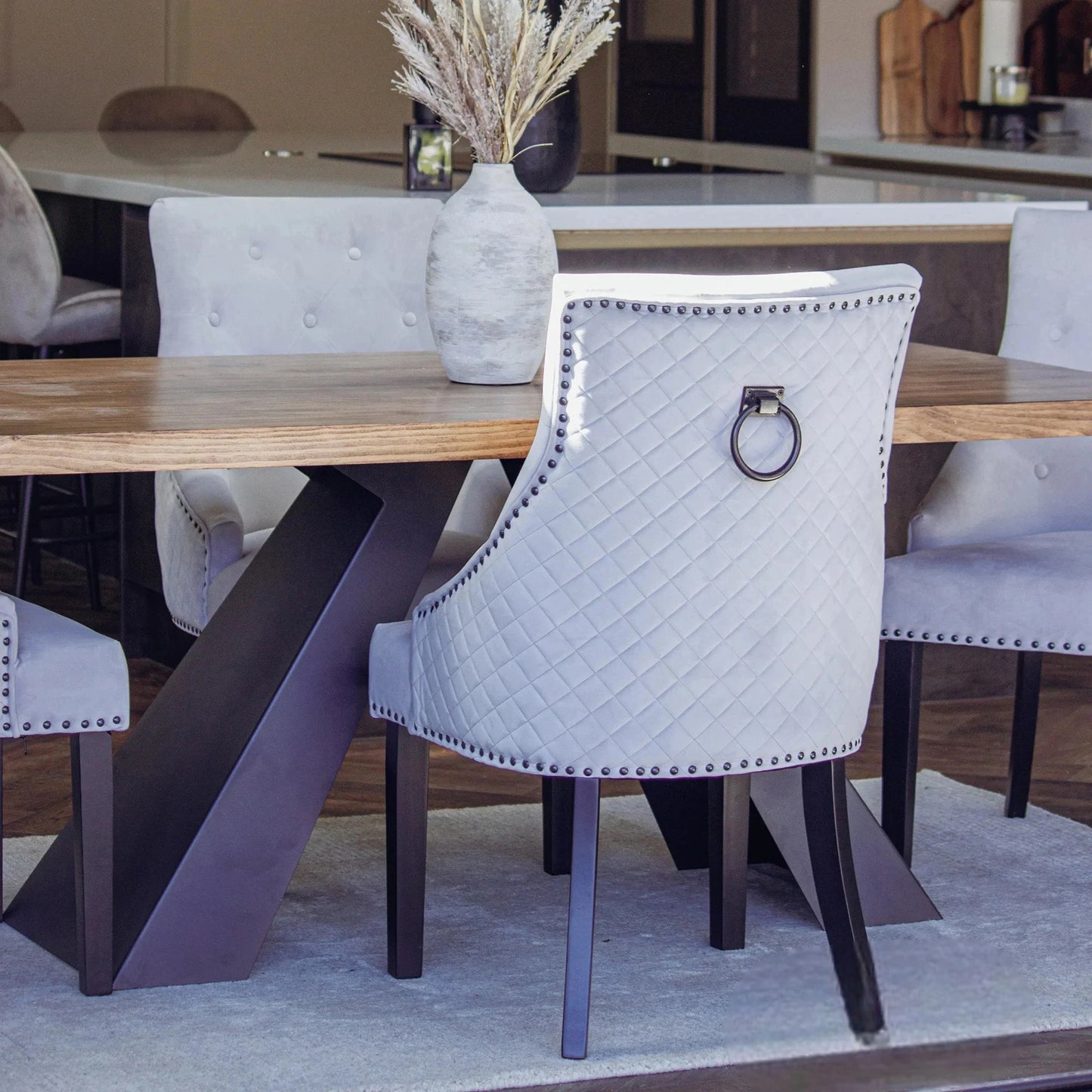 Luxury Gunnar Velvet Dining Chair With Studded Quilted Back And Wood Legs
