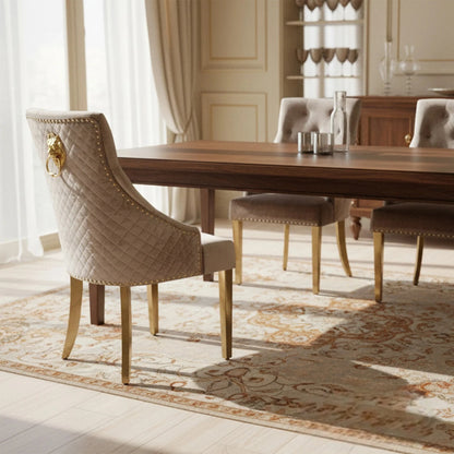 Luxury Henrik Gold Beige Velvet Dining Chair With Studded Detailing And Lion Knocker