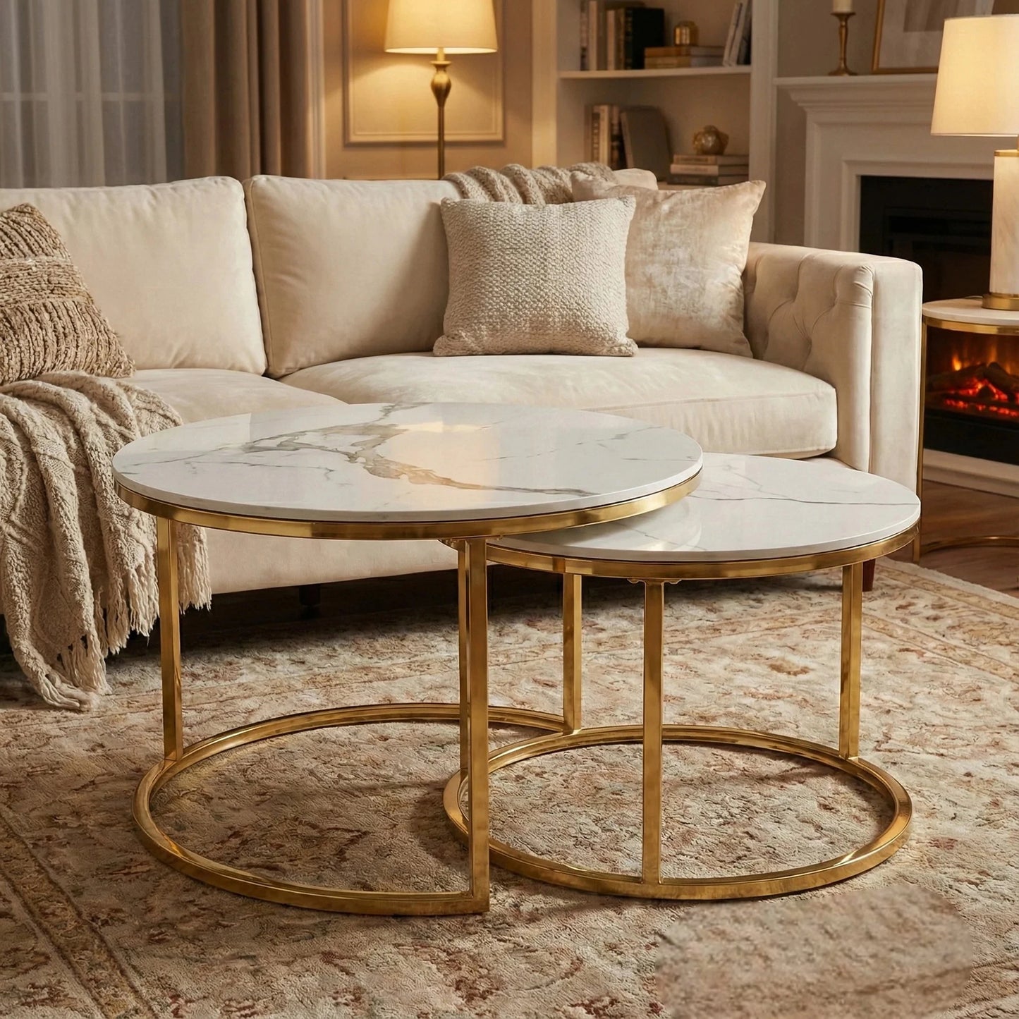Luxury Kaito Nest of 2 Gold Round Coffee Tables With Polar White Stone Tops