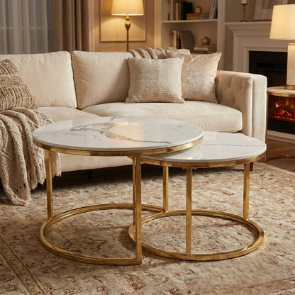 Luxury Kaito Nest of 2 Gold Round Coffee Tables With Polar White Stone Tops