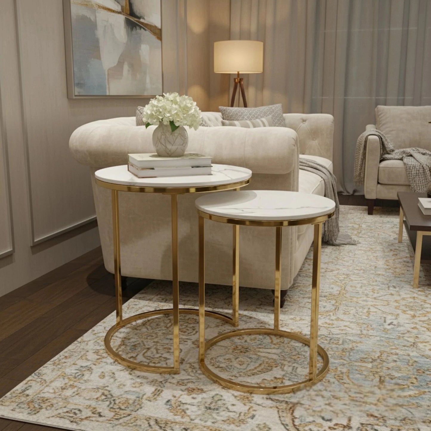 Luxury Kaito Nest of 2 Modern Gold Round Side End Lamp Tables With 45/38cm White Stone Tops