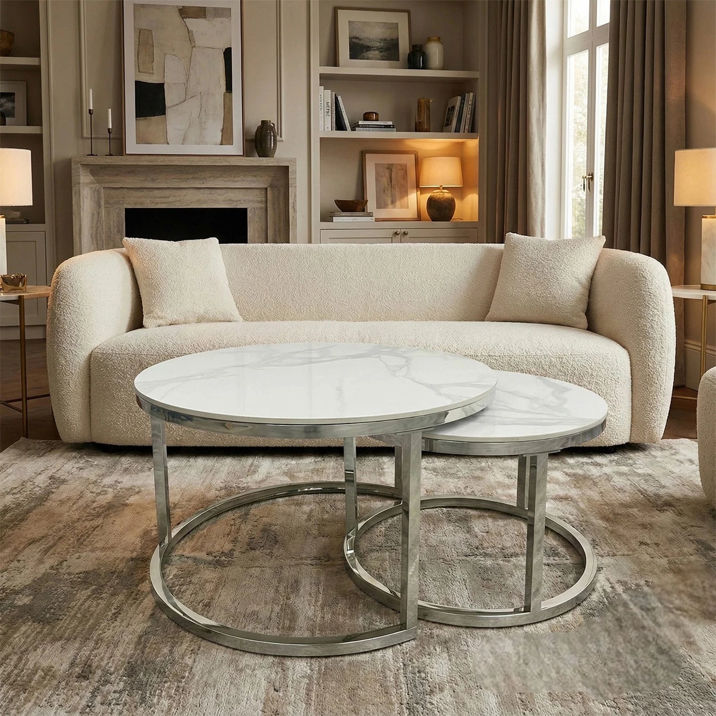 Luxury Kaito Nest of 2 Silver Round Coffee Tables With Polar White Stone Tops