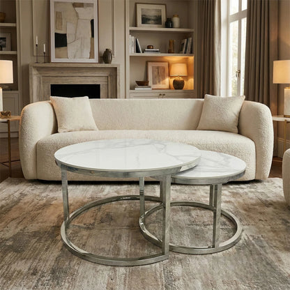 Luxury Kaito Nest of 2 Silver Round Coffee Tables With Polar White Stone Tops