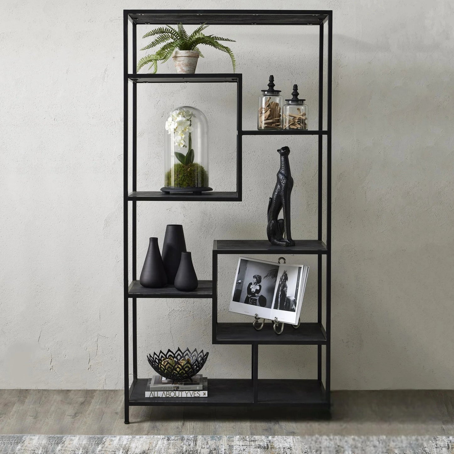 Luxury Large 200cm Architectural Style Black Industrial Shelf Unit With 7-Tier Asymmetric Metal Display
