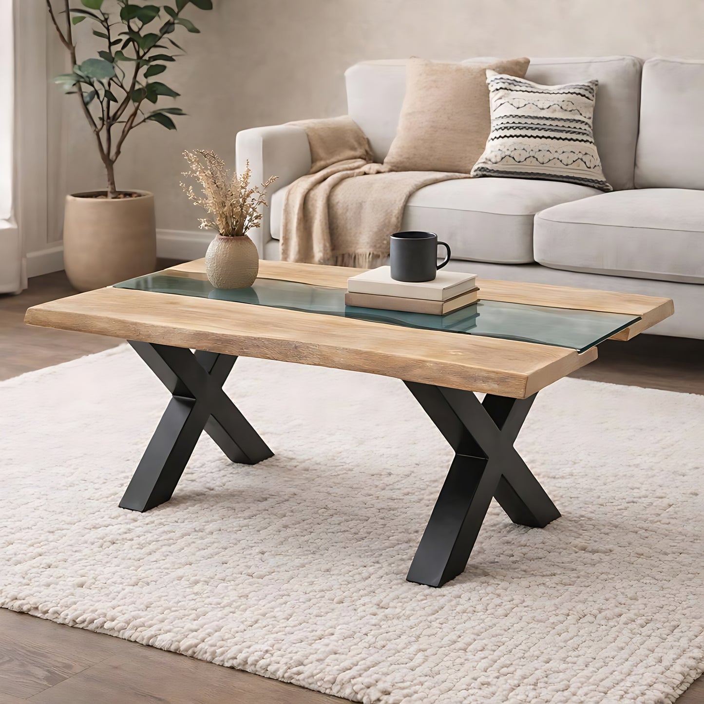 Luxury Live Edge Acacia River Coffee Table In Black Metal Base