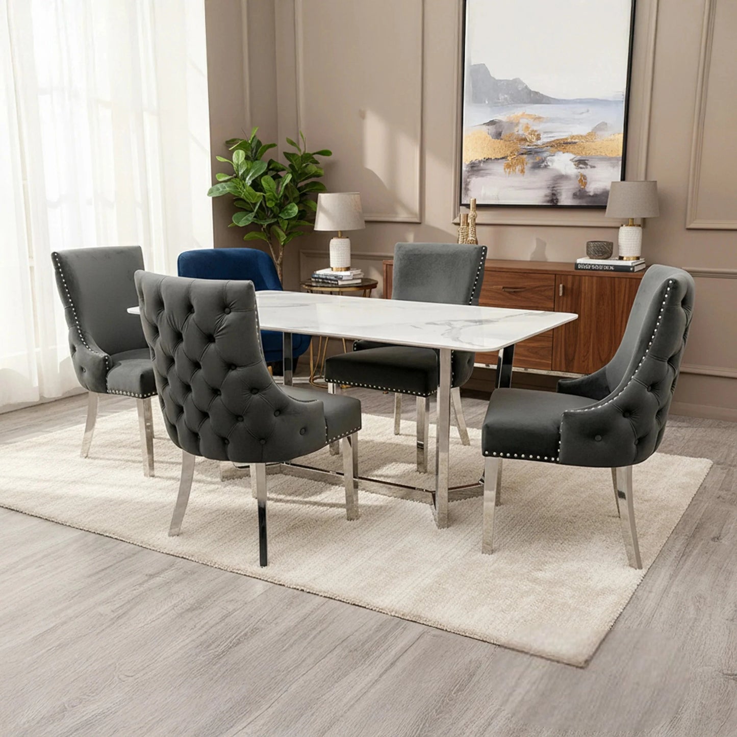 Luxury Loki 1.6m White Sintered Stone Chrome Dining Set Table With Oskar Dark Grey Velvet Chairs