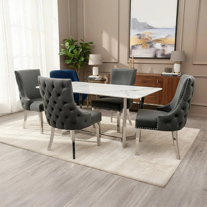 Luxury Loki 1.6m White Sintered Stone Chrome Dining Set Table With Oskar Dark Grey Velvet Chairs