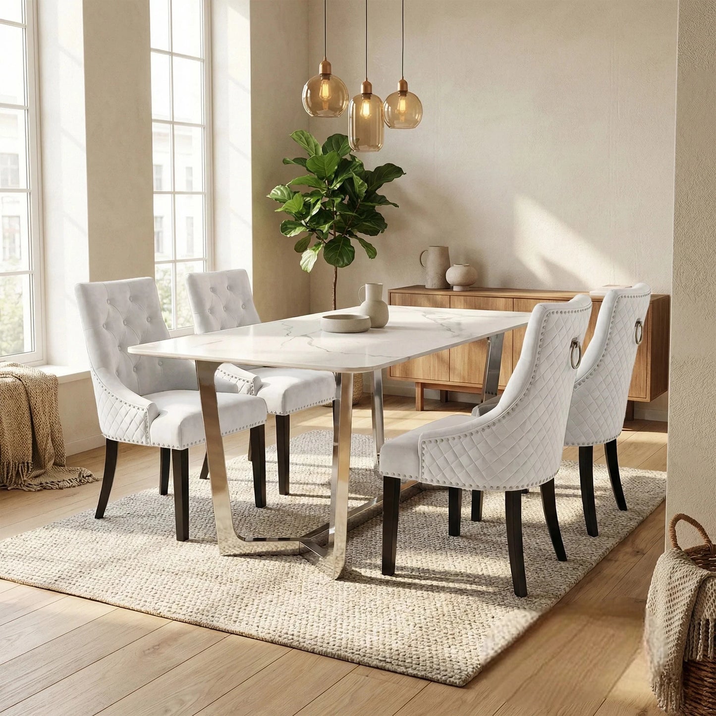 Luxury Loki 1.6m White Sintered Stone Chrome Dining Set Table With Gunnar Light Grey Velvet Chairs