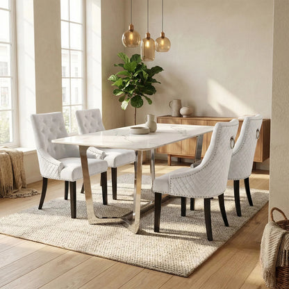 Luxury Loki 1.6m White Sintered Stone Chrome Dining Set Table With Gunnar Light Grey Velvet Chairs