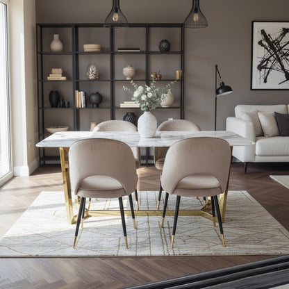 Luxury Loki 1.8m Gold Dining Set Cream Sintered Stone Table With Bjorn Champagne Velvet Chairs