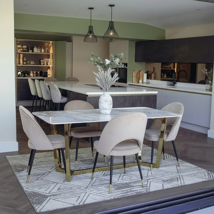 Luxury Loki 1.8m Gold Dining Set Cream Sintered Stone Table With Bjorn Champagne Velvet Chairs