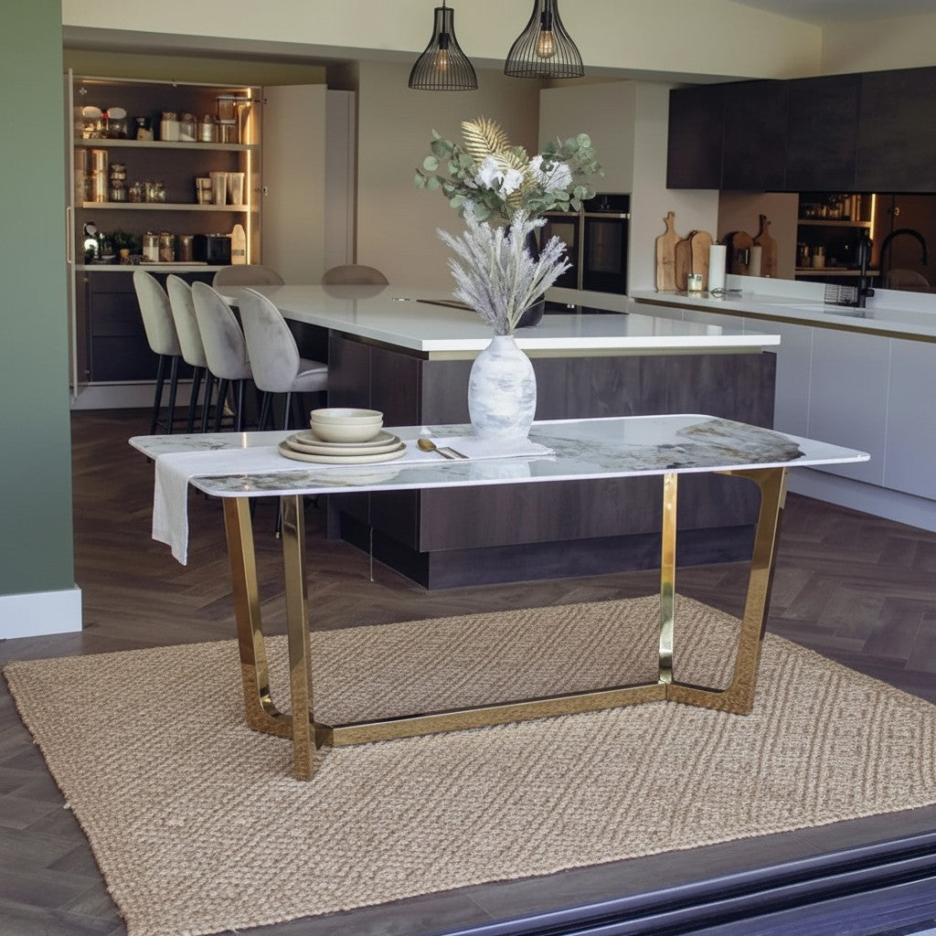 Luxury Loki 1.8m Gold Dining Set Cream Sintered Stone Table With Bjorn Champagne Velvet Chairs
