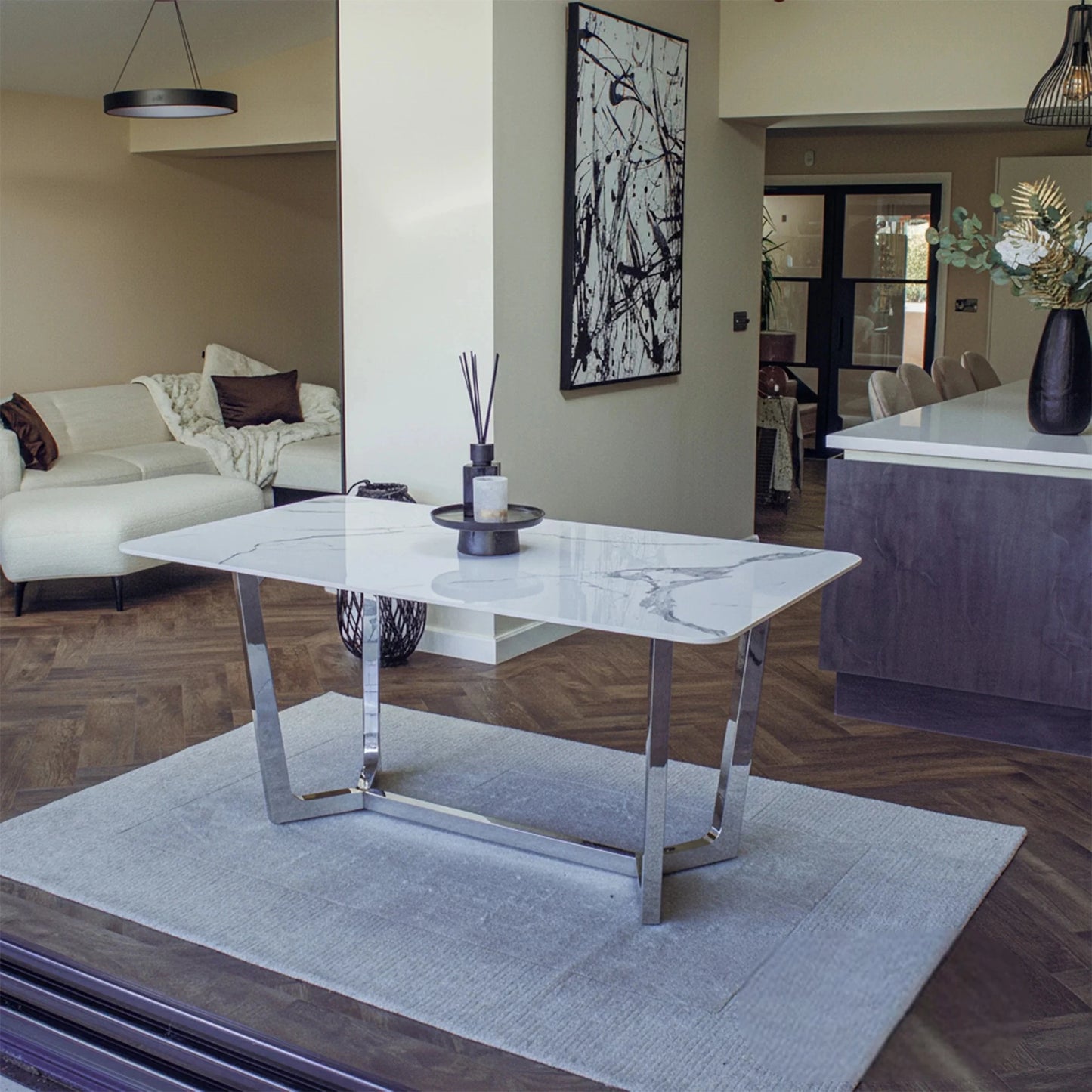 Luxury Loki 160cm White Sintered Stone Dining Table With Chrome Y-Leg Stand