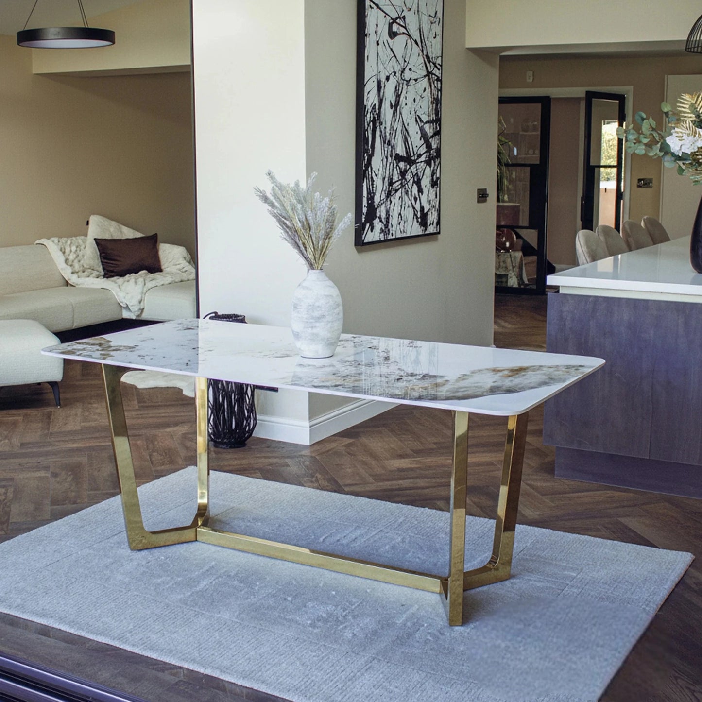 Luxury Loki 180cm Cream Sintered Stone Dining Table With Gold Y-Leg Stand