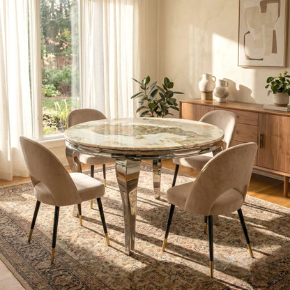 Luxury Lorens 1.3m Round Chrome Dining Set Cream Marble Table With 4 Bjorn Beige Velvet Chairs