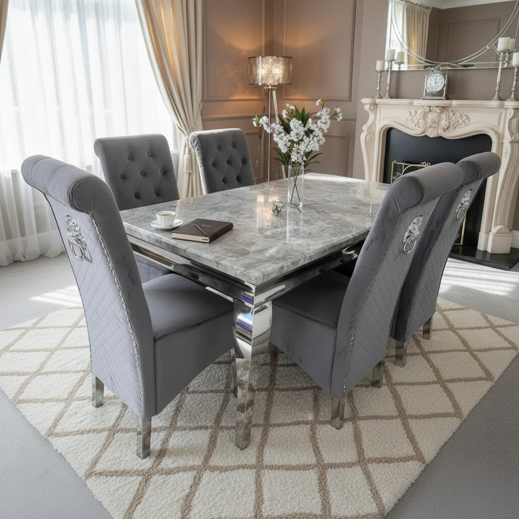 Luxury Lorens 1.5m Light Grey Marble Dining Set Table With  Einar Grey Velvet Chairs