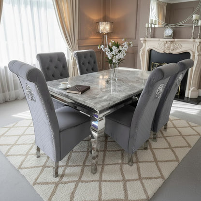 Luxury Lorens 1.5m Light Grey Marble Dining Set Table With  Einar Grey Velvet Chairs
