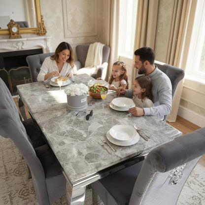 Luxury Lorens 1.5m Light Grey Marble Dining Set Table With  Einar Grey Velvet Chairs