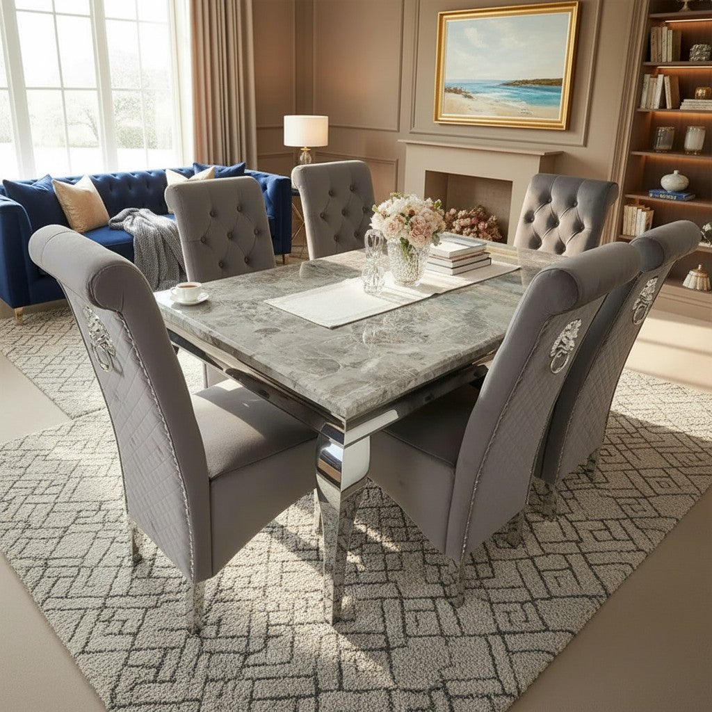 Luxury Lorens 1.5m Light Grey Marble Dining Set Table With  Einar Grey Velvet Chairs