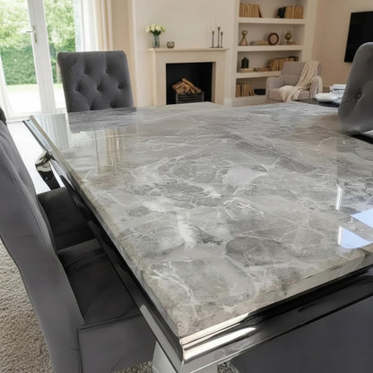 Luxury Lorens 1.5m Light Grey Marble Dining Set Table With  Einar Grey Velvet Chairs
