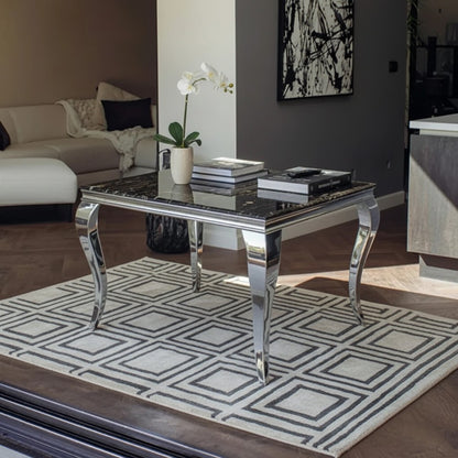 Luxury Lorens 100cm Square Chrome Dining Table With Modern Black & Gold Marble Top