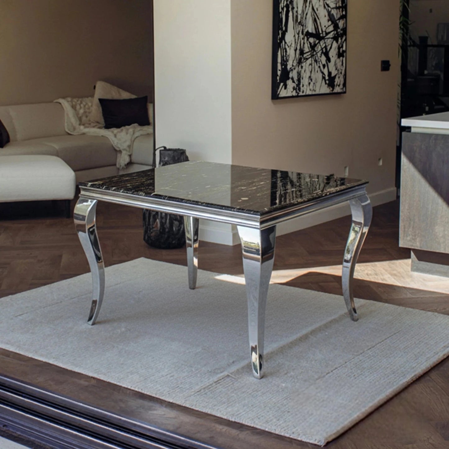 Luxury Lorens 100cm Square Chrome Dining Table With Modern Black & Gold Marble Top