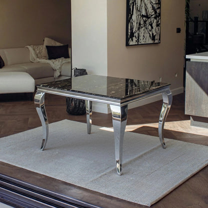 Luxury Lorens 100cm Square Chrome Dining Table With Modern Black & Gold Marble Top