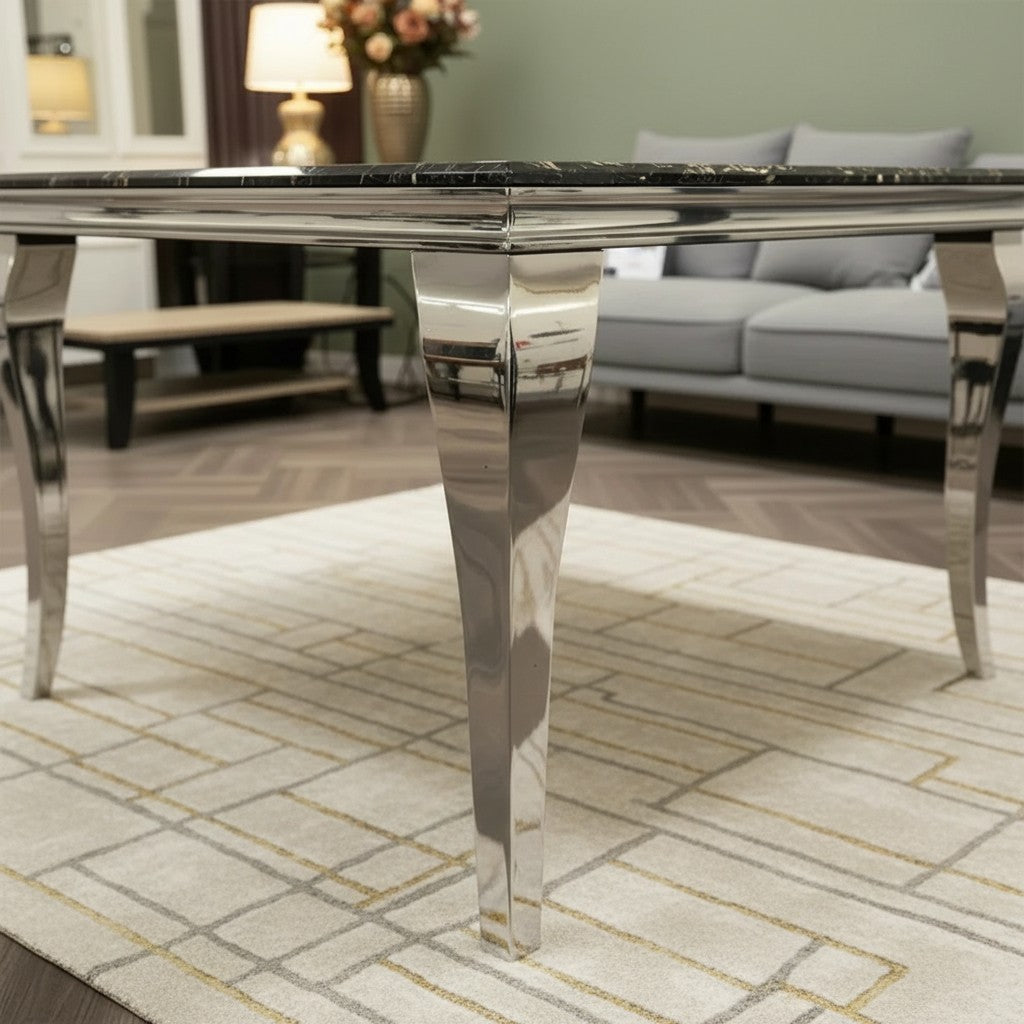 Luxury Lorens 100cm Square Chrome Dining Table With Modern Black & Gold Marble Top