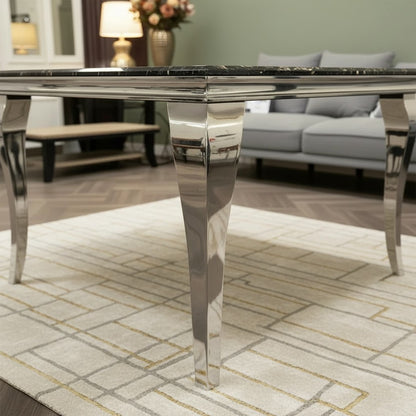 Luxury Lorens 100cm Square Chrome Dining Table With Modern Black & Gold Marble Top
