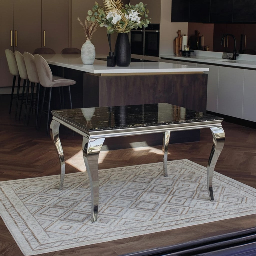 Luxury Lorens 100cm Square Chrome Dining Table With Modern Black & Gold Marble Top