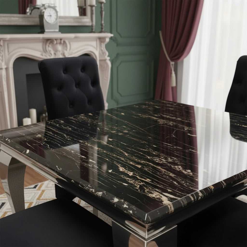 Luxury Lorens 100cm Square Chrome Dining Table With Modern Black & Gold Marble Top