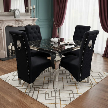 Luxury Lorens 100cm Square Chrome Dining Table With Modern Black & Gold Marble Top