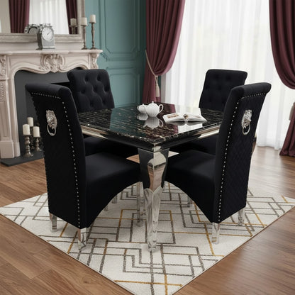 Luxury Lorens 100cm Square Chrome Dining Table With Modern Black & Gold Marble Top