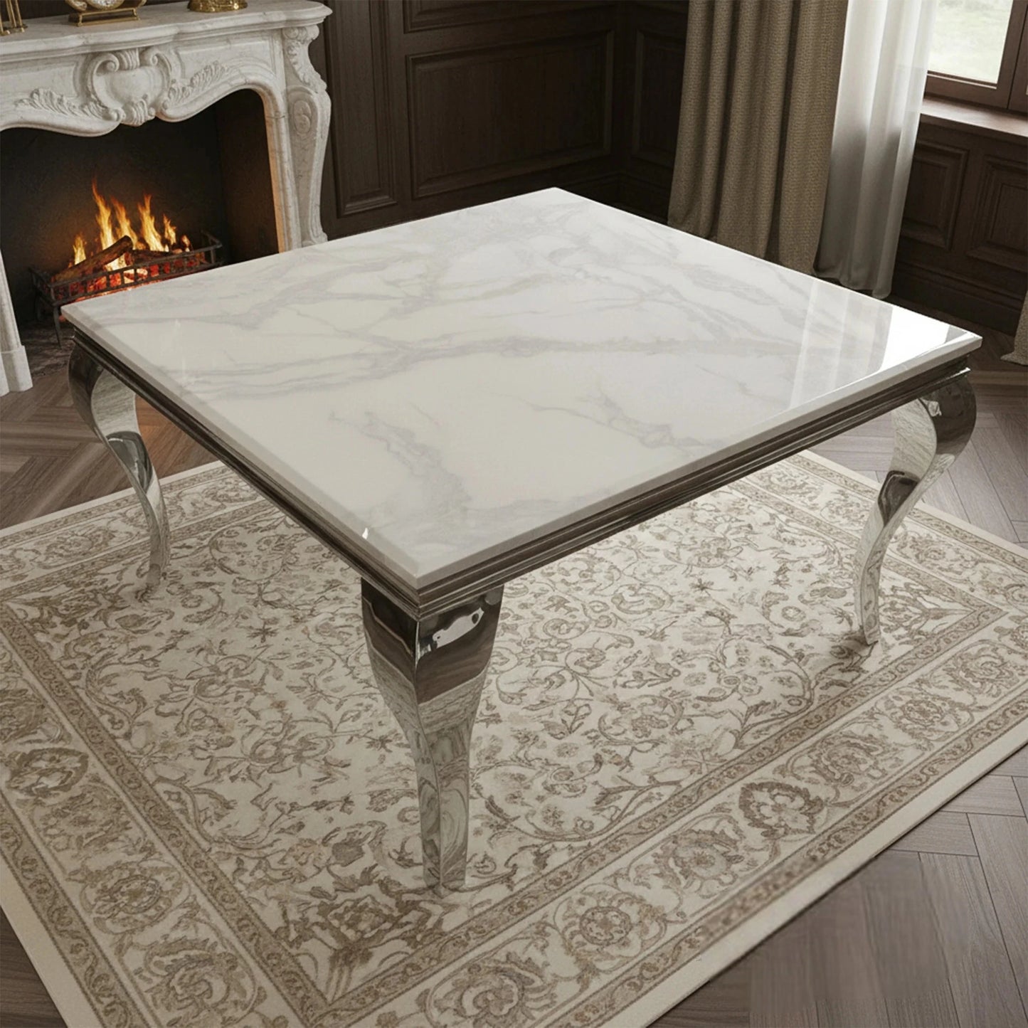 Luxury Lorens 100cm Square Chrome Dining Table With Modern White Marble Top