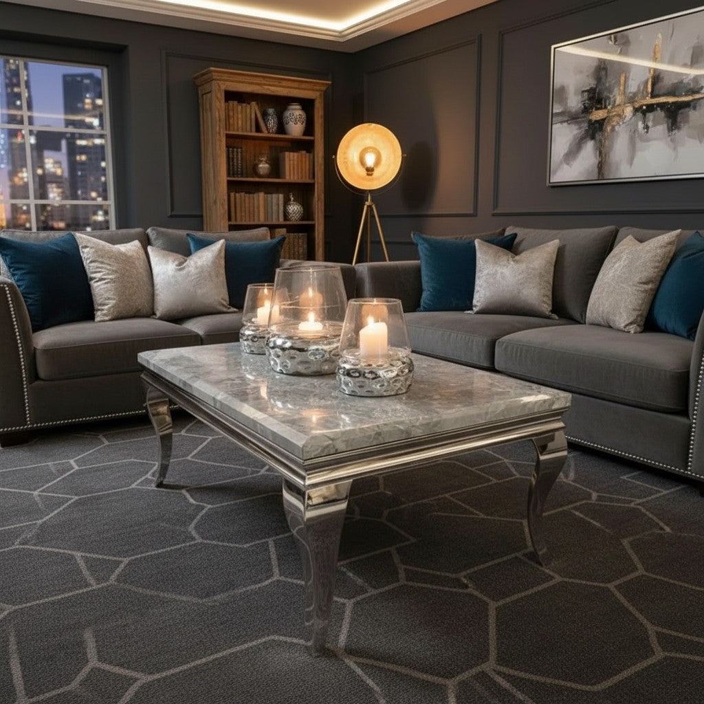 Luxury Lorens 130cm Chrome Coffee Table With Light Grey Marble Top And Curved Leg Design