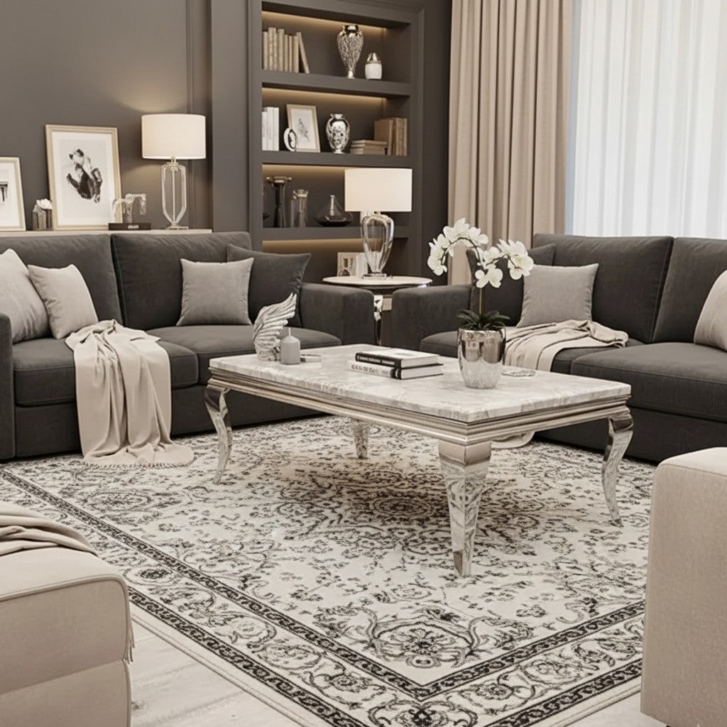 Luxury Lorens 130cm Chrome Coffee Table With Light Grey Marble Top And Curved Leg Design