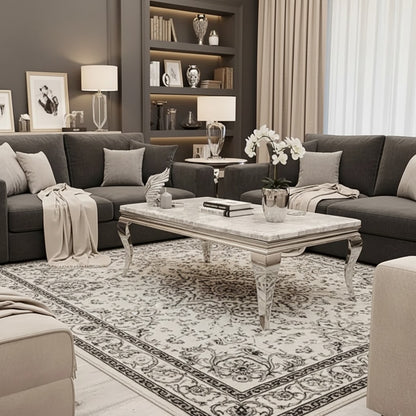 Luxury Lorens 130cm Chrome Coffee Table With Light Grey Marble Top And Curved Leg Design