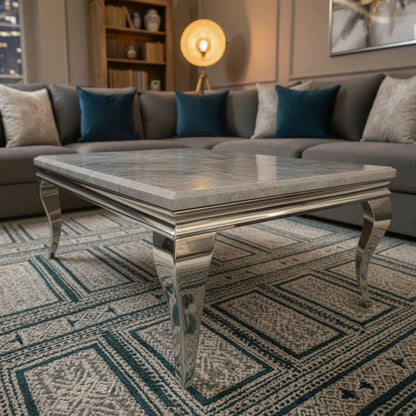 Luxury Lorens 130cm Chrome Coffee Table With Light Grey Marble Top And Curved Leg Design