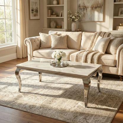 Luxury Lorens 130cm Chrome Coffee Table With White Marble Top And Curved Leg Design