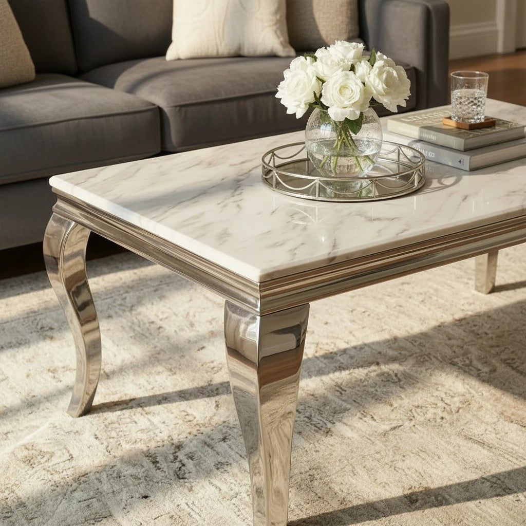Luxury Lorens 130cm Chrome Coffee Table With White Marble Top And Curved Leg Design