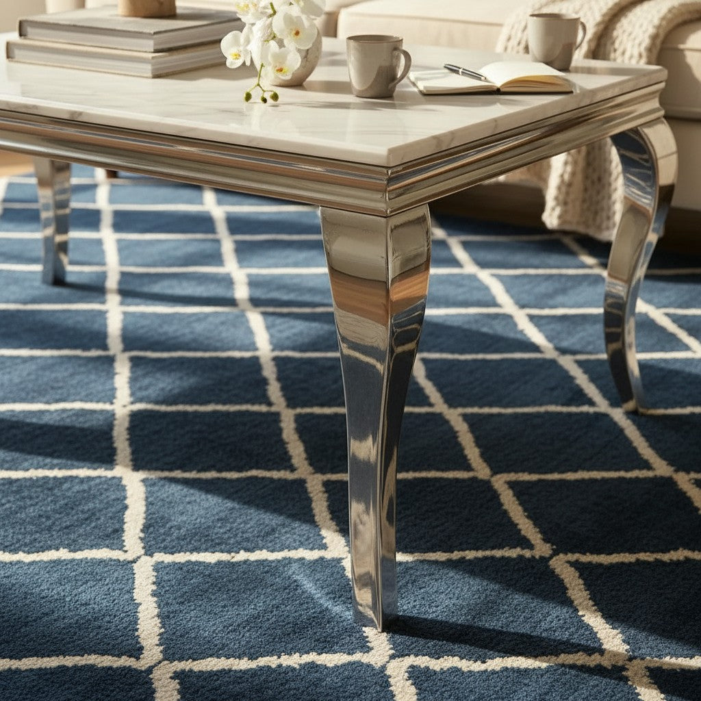 Luxury Lorens 130cm Chrome Coffee Table With White Marble Top And Curved Leg Design