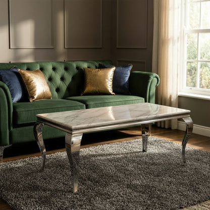 Luxury Lorens 130cm Chrome Coffee Table With White Marble Top And Curved Leg Design