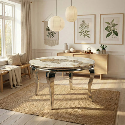 Luxury Lorens 130cm Round Cream Marble Dining Table with Chrome 4-Leg Base