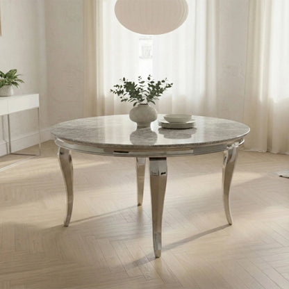 Luxury Lorens 130cm Round White Marble Dining Table With Chrome 4-Leg Base